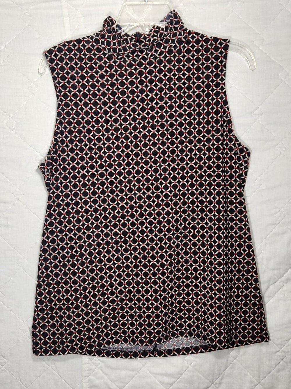 Anne Klein Women's Sleeveless Top Black w/white Circles red Mock Neck Size L